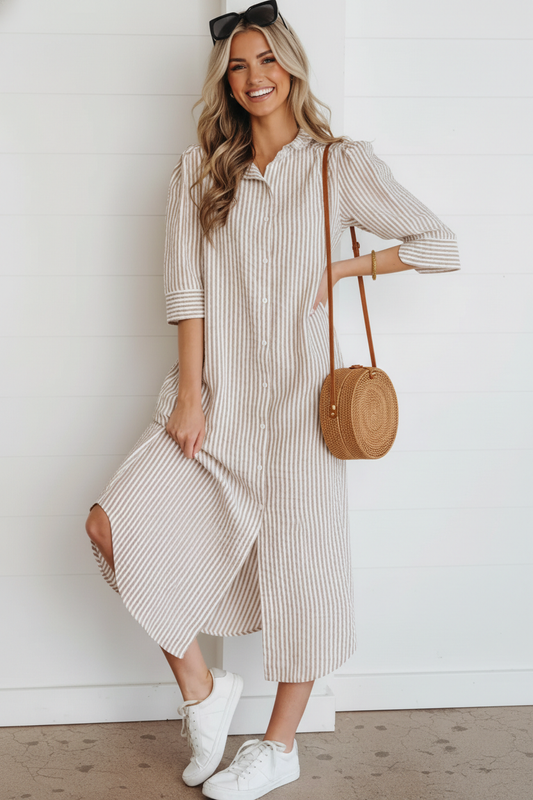 Stripe Frilled Collar 3/4 Sleeve Maxi Dress