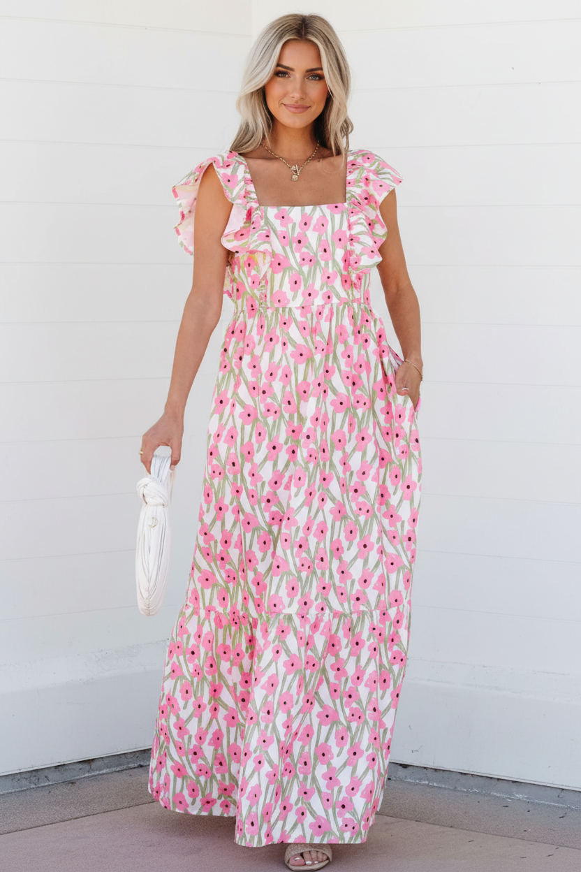 Floral Square Neck Ruffle Strap Maxi Dress