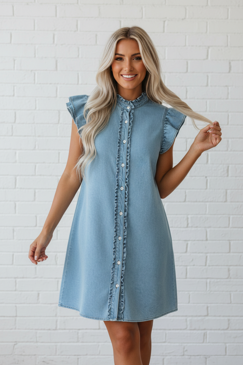 Solid Denim Frilled Ruffle Sleeve Buttoned Mini Dress