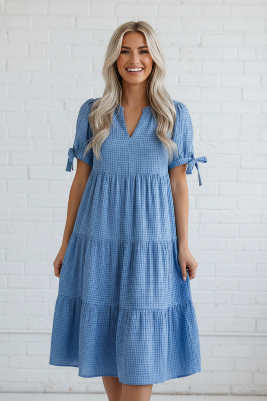 Gingham Bow Tie Short Sleeve Tiered Midi Dress