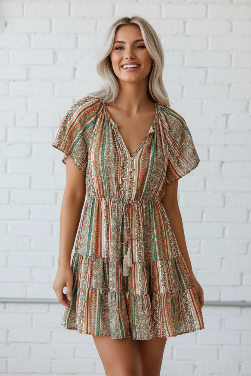 Floral Boho Buttoned V-Neck Ruffle Tiered Dress