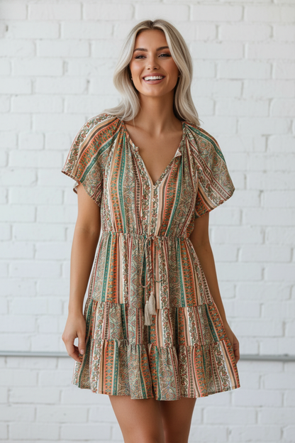 Floral Boho Buttoned V-Neck Ruffle Tiered Dress