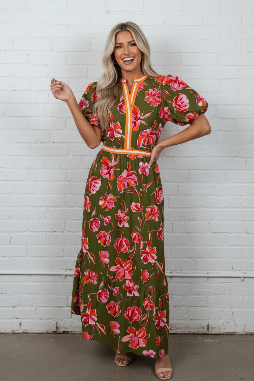 Floral Stripe Trim Short Puff Sleeve Maxi Dress