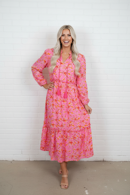 Floral Long Sleeve Tassel Tie V-Neck Maxi Dress