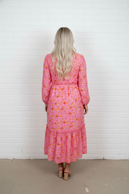 Floral Long Sleeve Tassel Tie V-Neck Maxi Dress