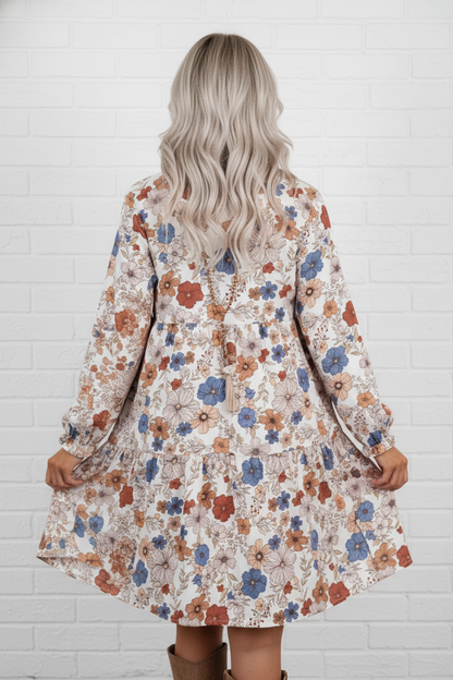 Floral Round Neck Ruffle Long Sleeve Dress