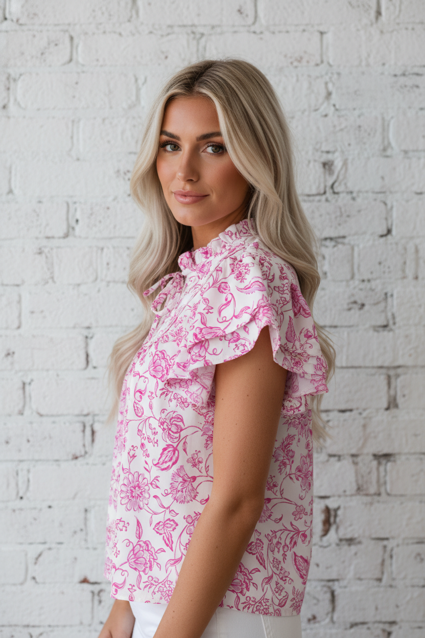 Floral Ruffle Sleeve V-Neck Blouse