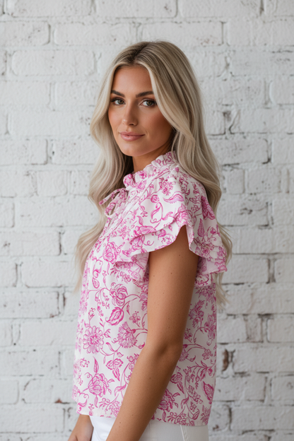 Floral Ruffle Sleeve V-Neck Blouse