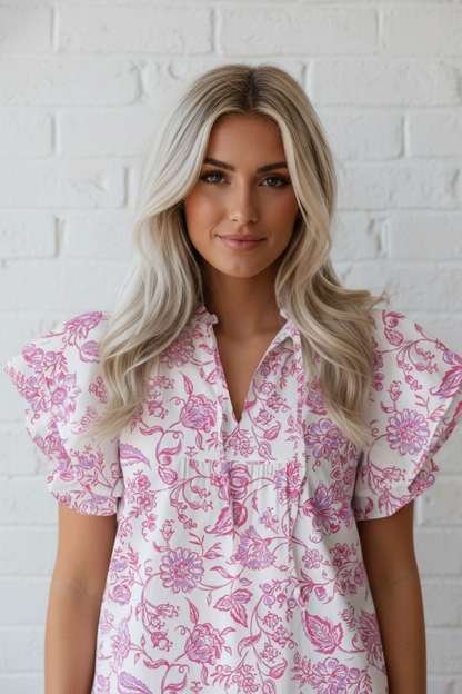 Floral Ruffle Sleeve V-Neck Blouse