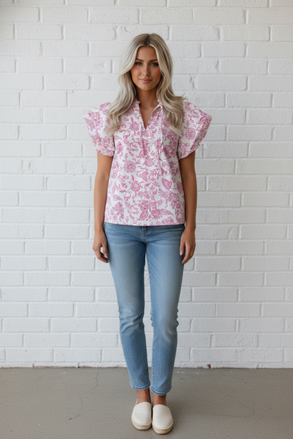 Floral Ruffle Sleeve V-Neck Blouse