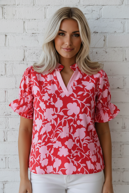 Floral Split V-Neck Ruffle Sleeve Blouse Top
