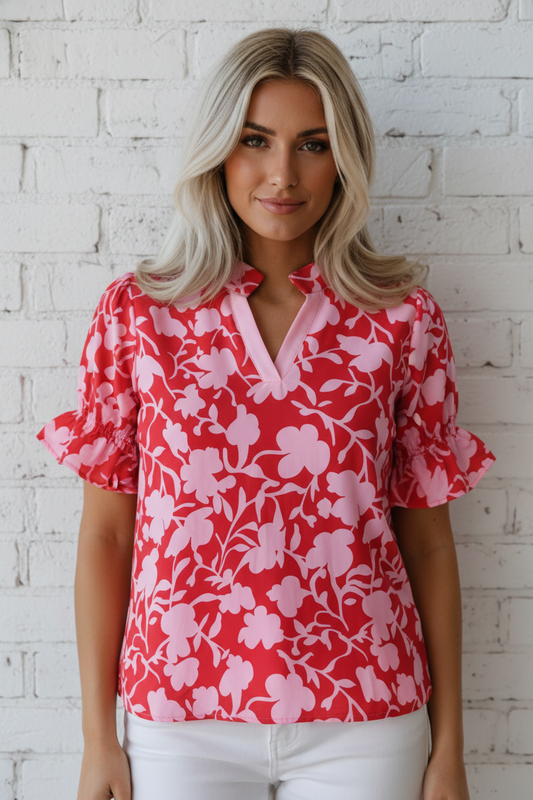 Floral Split V-Neck Ruffle Sleeve Blouse Top