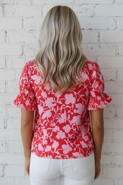 Floral Split V-Neck Ruffle Sleeve Blouse Top