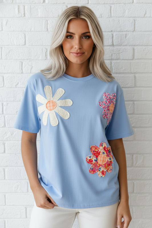 Floral Patch Exposed Stitching Crew Neck Tee