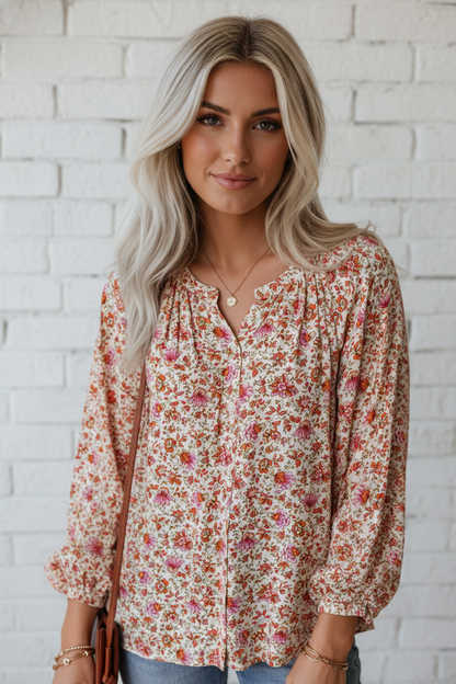 Floral Pleated Notched Neck Puff Sleeve Blouse