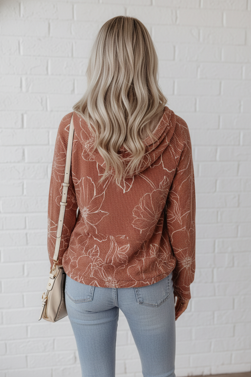 Floral Corded Knit Drawstring Kangaroo Pocket Hoodie