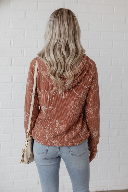 Floral Corded Knit Drawstring Kangaroo Pocket Hoodie