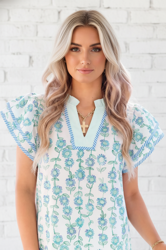 Floral Stripe Detail V-Neck Blouse