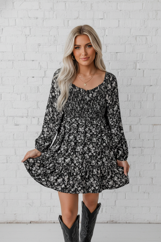 Floral Long Sleeve Frill Square Neck Dress