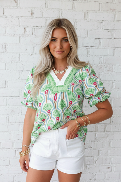 Floral Ricrac Trim V-Neck Bubble Sleeve Blouse