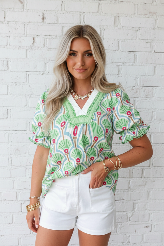 Floral Ricrac Trim V-Neck Bubble Sleeve Blouse