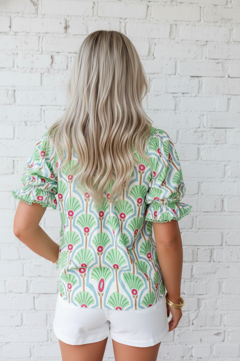 Floral Ricrac Trim V-Neck Bubble Sleeve Blouse