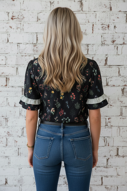 Floral Contrast Frill Trim Short Sleeve Shirt