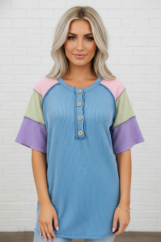 Colorblock Corded Knit Patchwork Henley Short Sleeve Tee