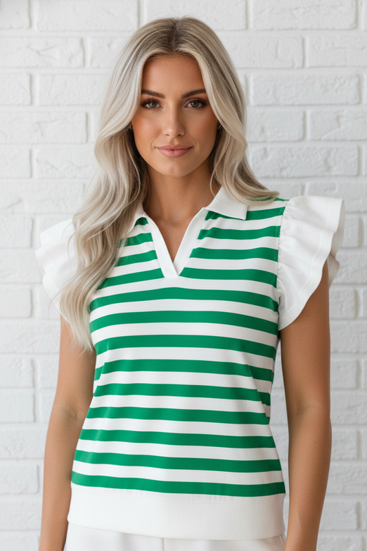 Stripe Collar V-Neck Ruffle Short Sleeve Blouse