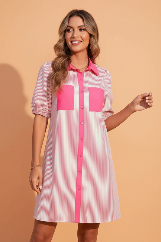 Stripe Patchwork Chest Pocket Mini Shirt Dress