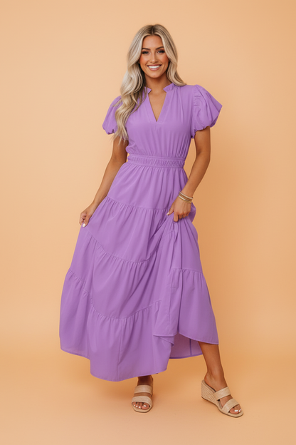Solid V-Neck Short Puff Sleeve Tiered Maxi Dress