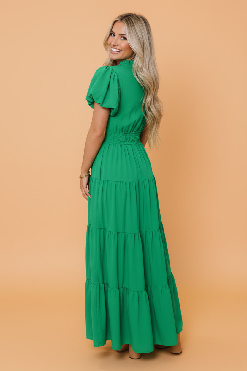 Solid V-Neck Short Puff Sleeve Tiered Maxi Dress