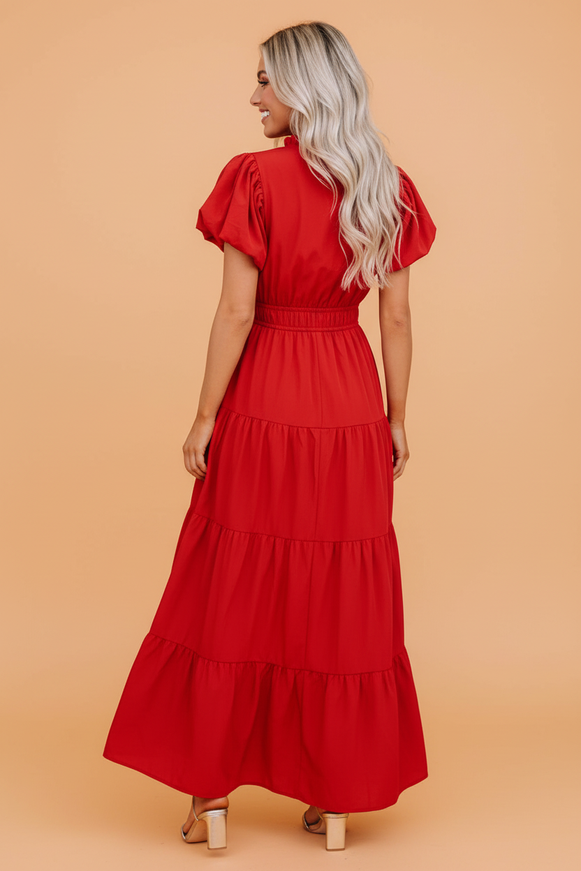 Solid V-Neck Short Puff Sleeve Tiered Maxi Dress