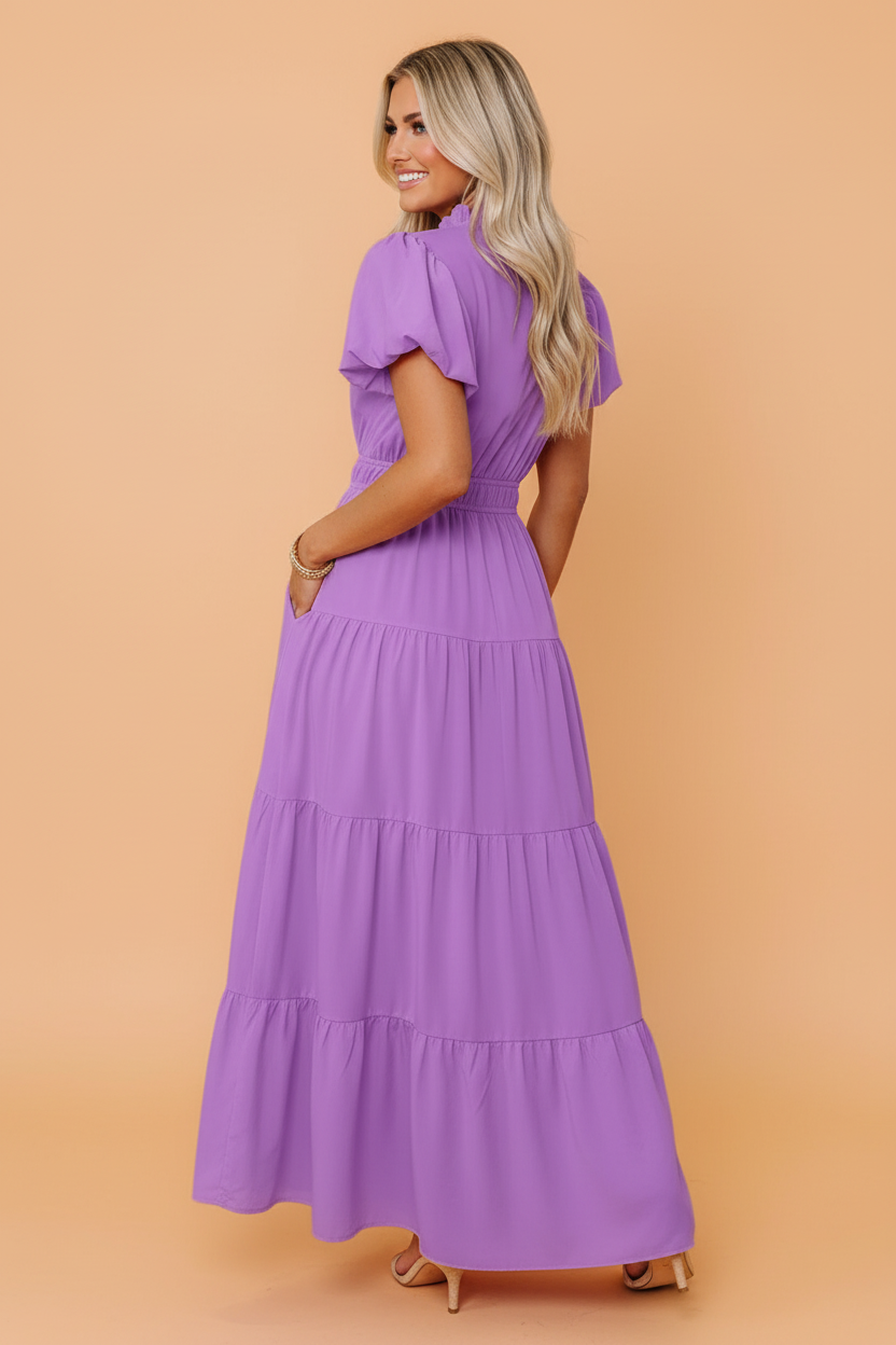Solid V-Neck Short Puff Sleeve Tiered Maxi Dress