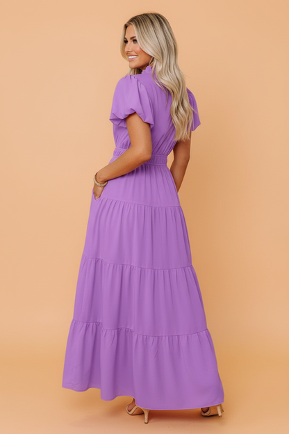 Solid V-Neck Short Puff Sleeve Tiered Maxi Dress