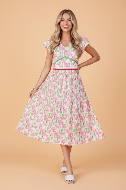 Floral V-Neck Short Sleeve Midi Dress