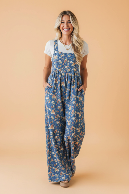 Floral Denim Pleated Wide Leg Jumpsuit
