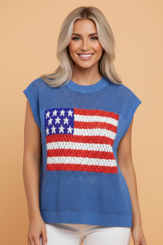 USA Flag Crochet Short Sleeve Sweater Top