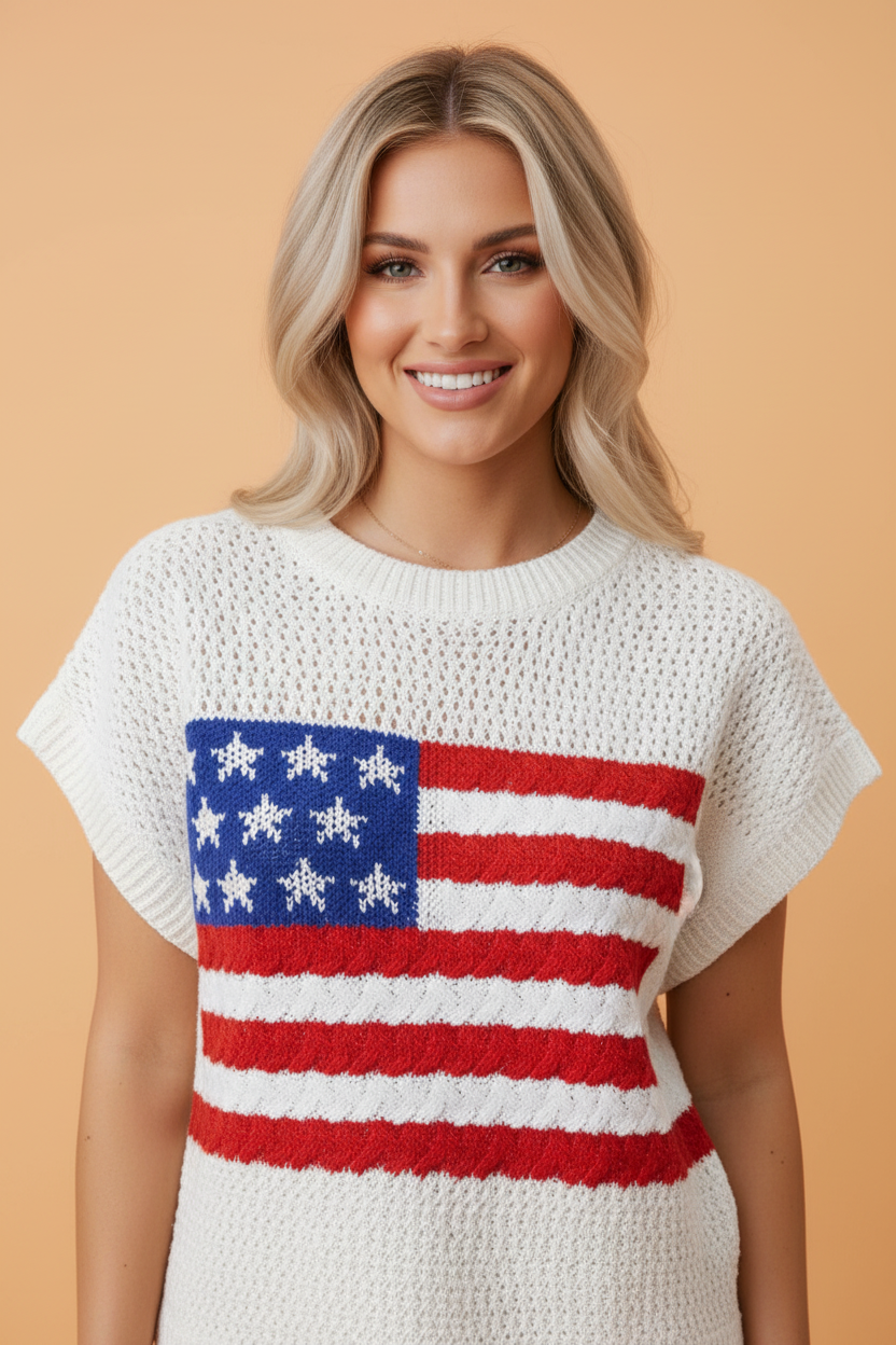 USA Flag Crochet Short Sleeve Sweater Top