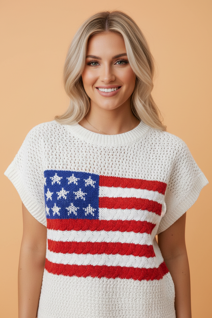 USA Flag Crochet Short Sleeve Sweater Top