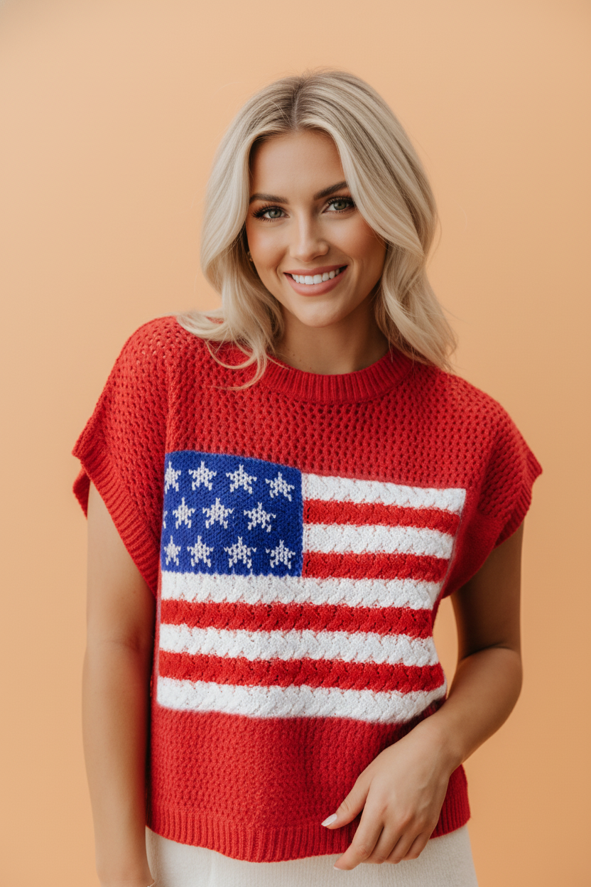 USA Flag Crochet Short Sleeve Sweater Top