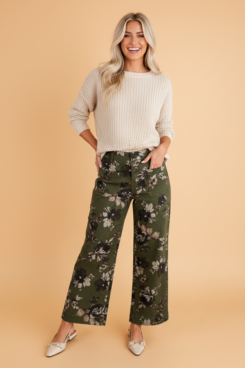 Floral Denim Patch Pocket Straight Leg Jeans