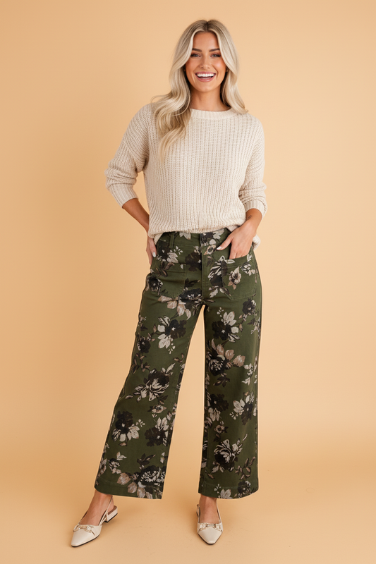 Floral Denim Patch Pocket Straight Leg Jeans