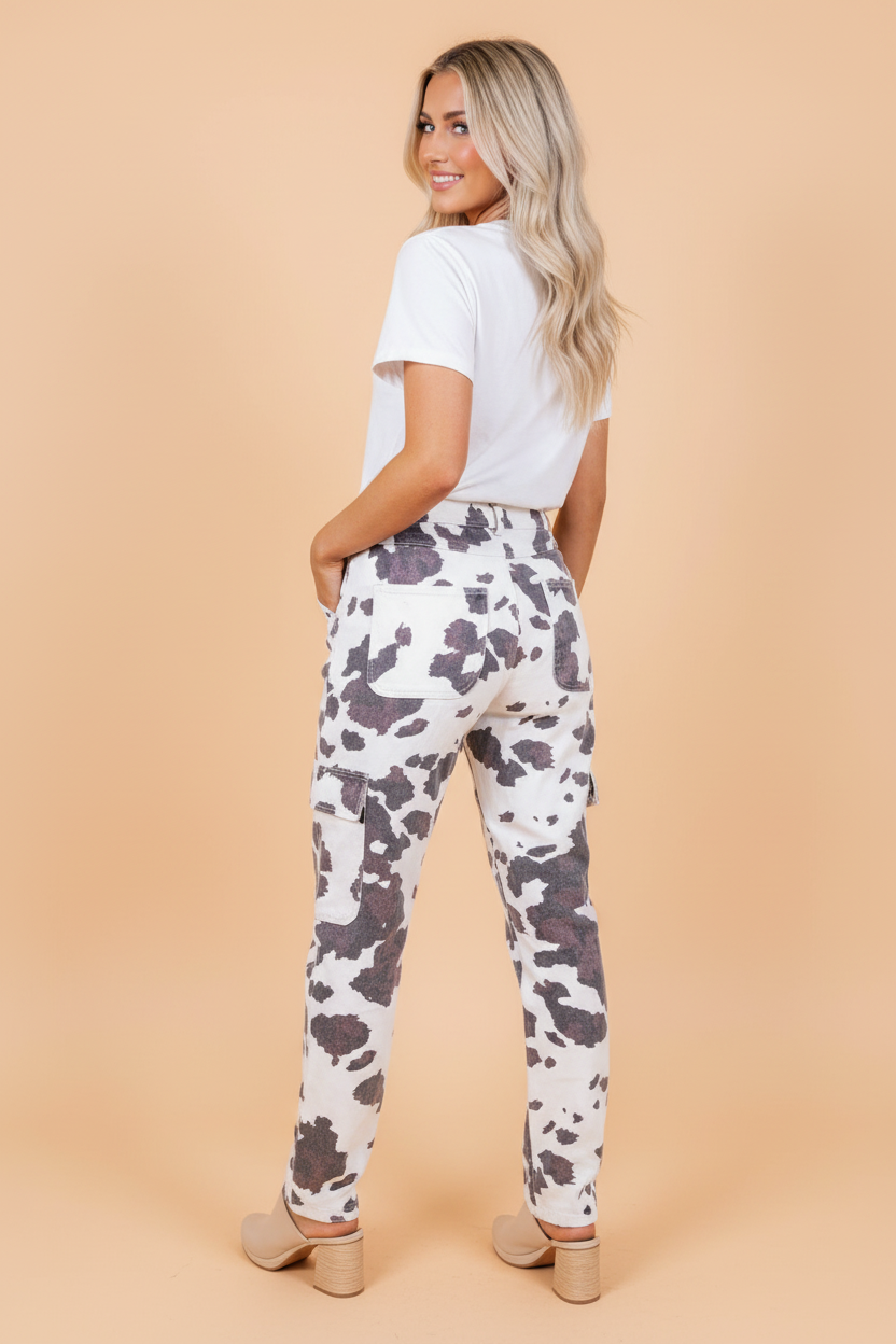 Western Cow Spot Cargo Pocket Straight Leg Jeans