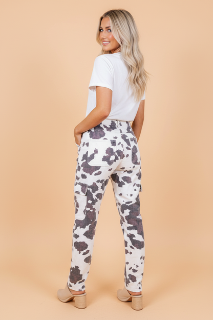 Western Cow Spot Cargo Pocket Straight Leg Jeans