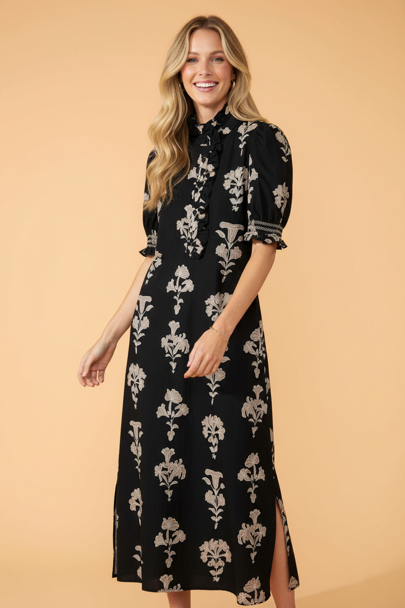 Floral Frilled Collar Short Puff Sleeve Maxi Dress