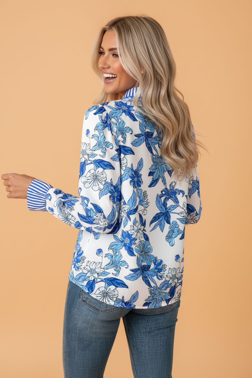 Floral Stripe Patchwork V-Neck Flounce Sleeve Blouse