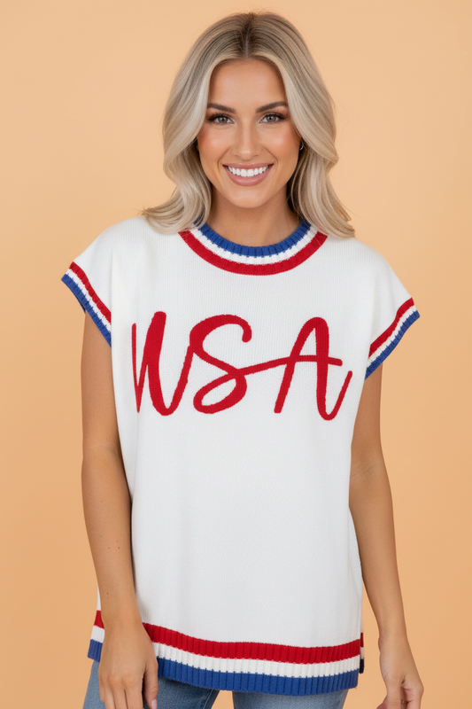 USA Stripe Contrast Trim Short Sleeve Sweater