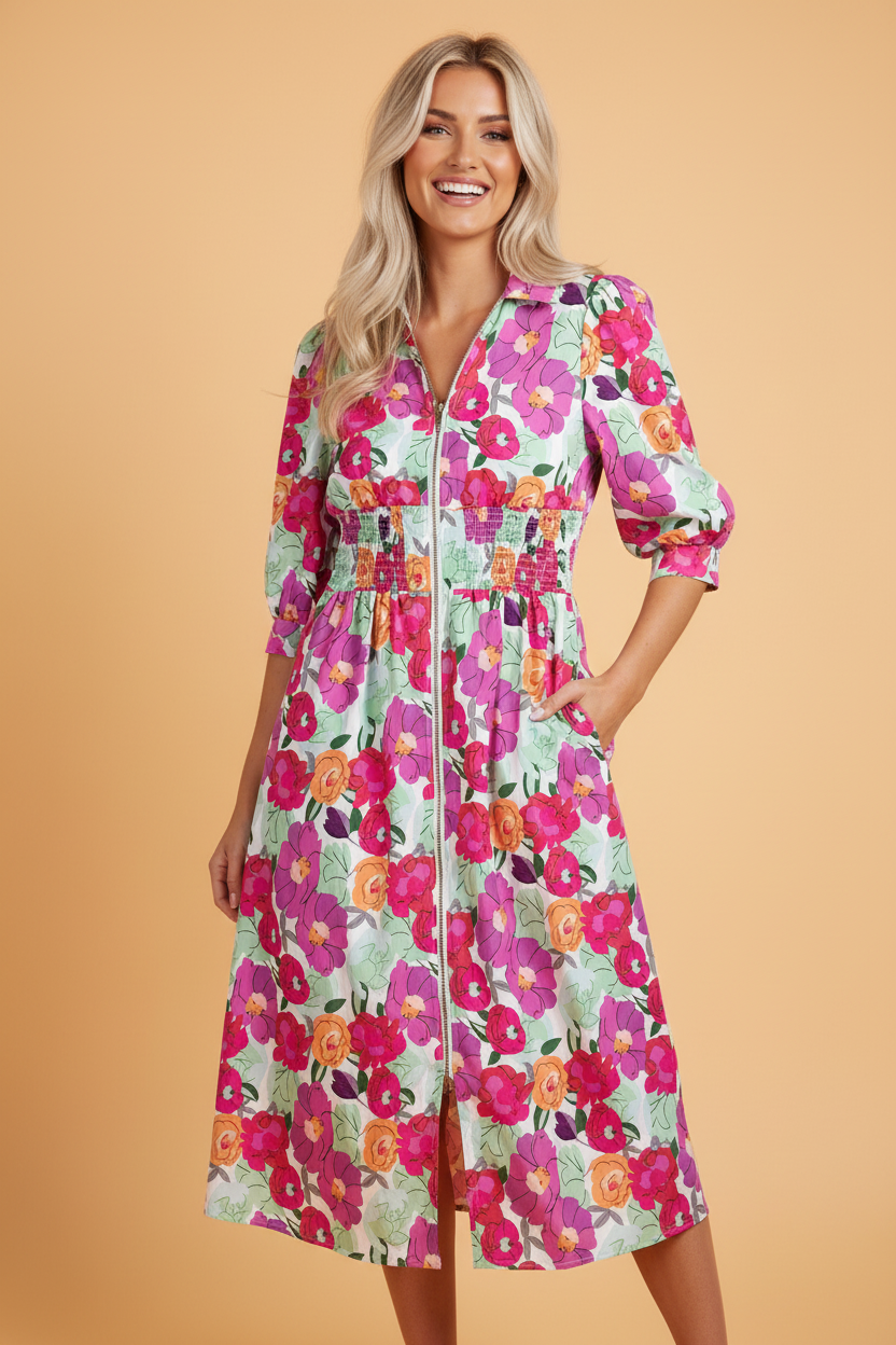 Floral Zip-Up V-Neck Short Puff Sleeve Dress