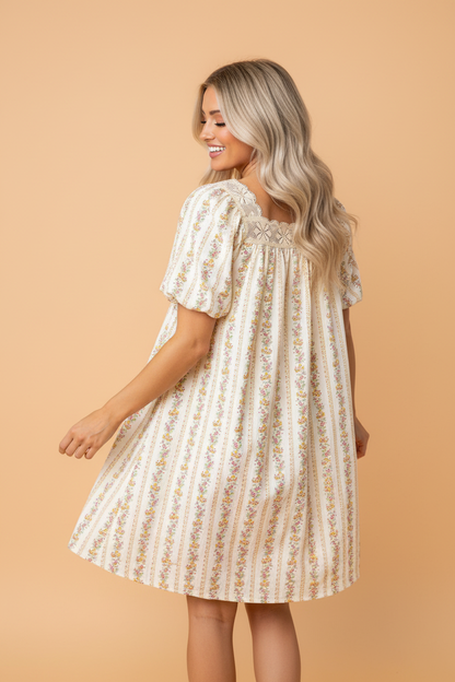 Floral Contrast Ribbon Bow Lace Square Mini Dress